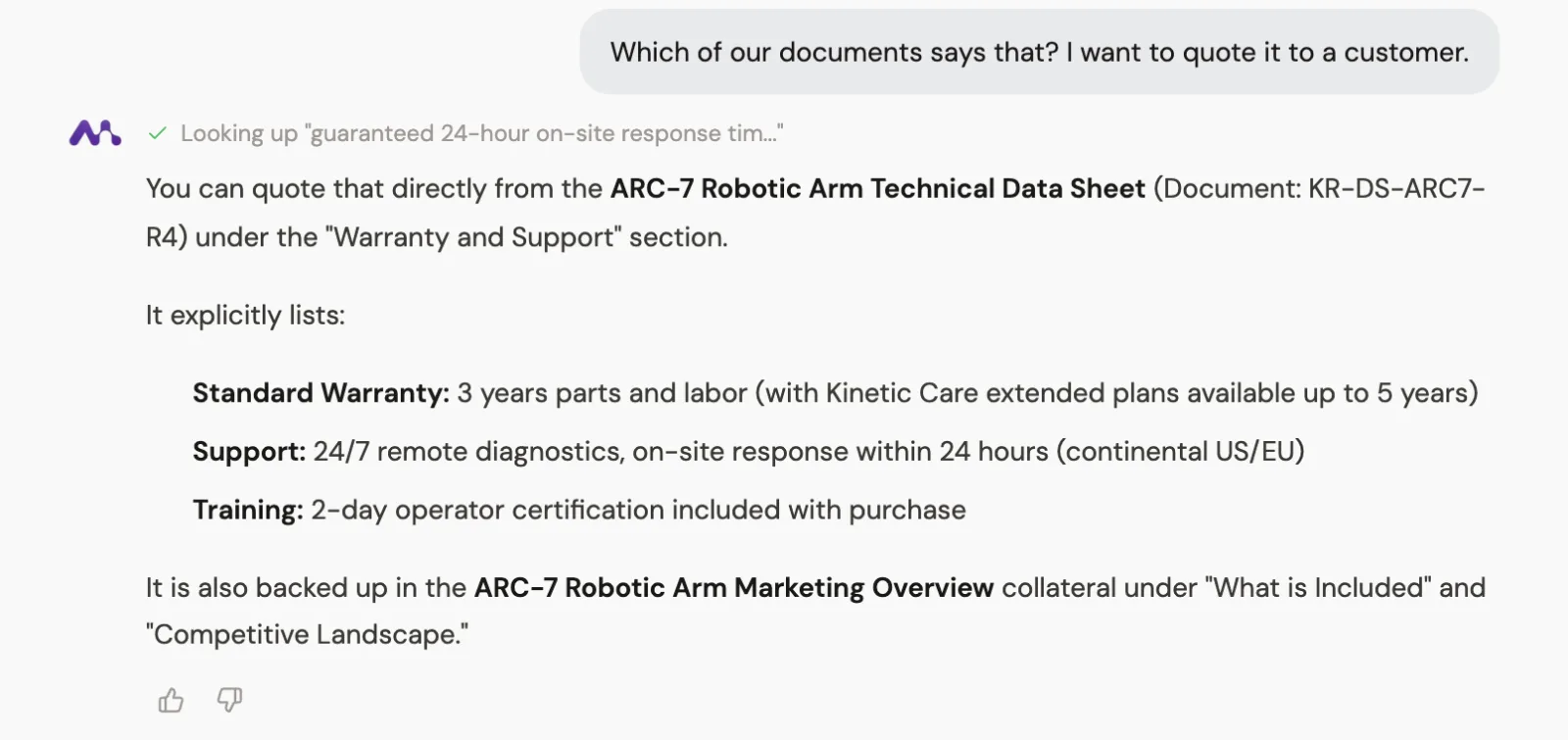 A rep asks which document a warranty claim comes from, and Mentor names the ARC-7 technical data sheet and the section it is in.